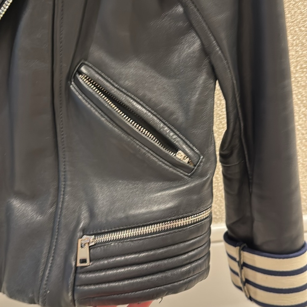 Maje Navy Leather Biker Jacket - Picture 4 of 6